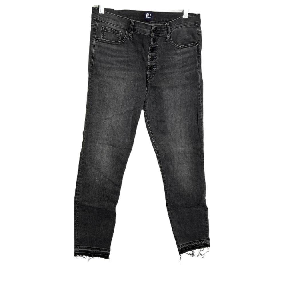 Gap Women's Size 10 True Skinny Jeans Faded Black Denim Frayed Bottom Button Fly